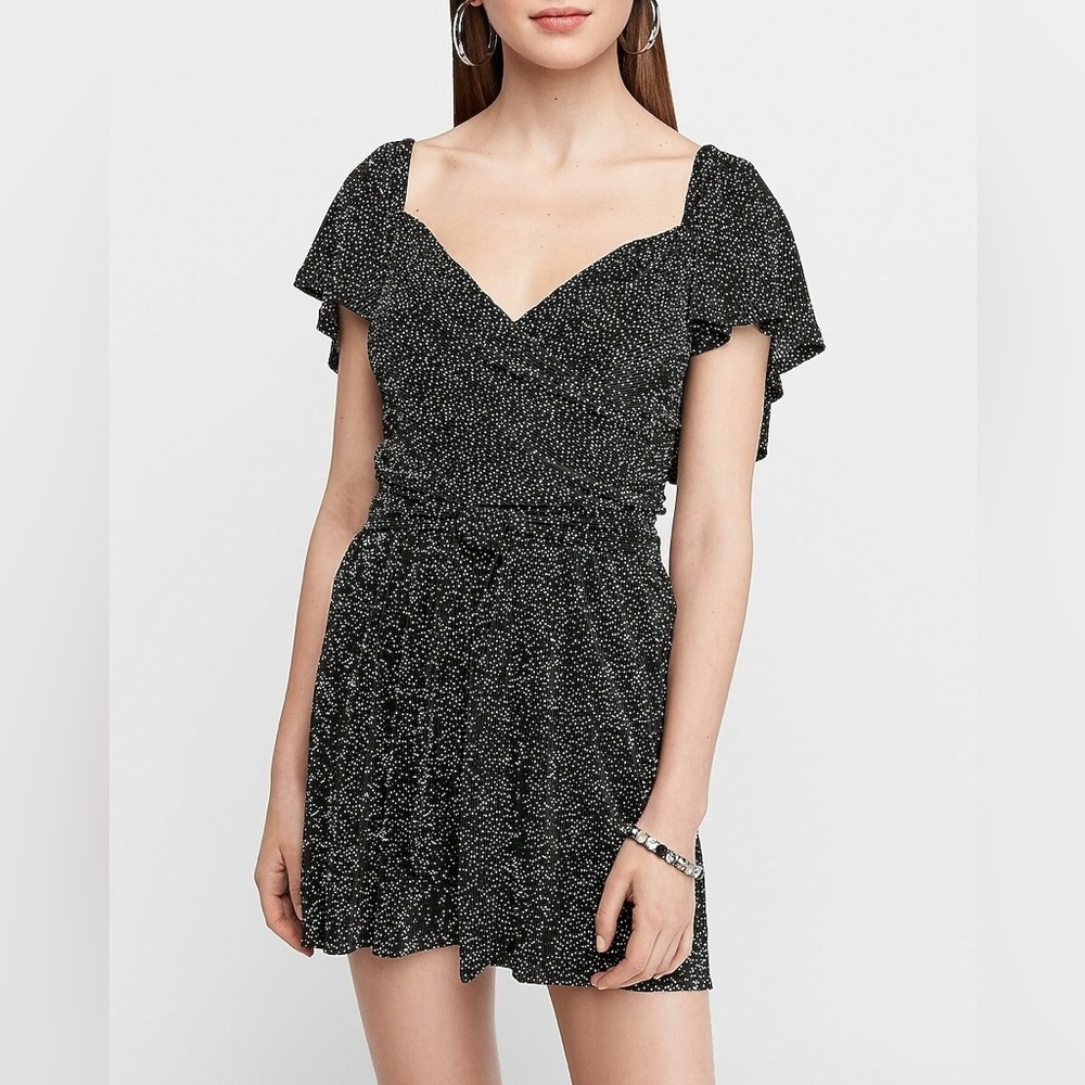 Express Women’s Flutter Sleeve Black Romper with Dots